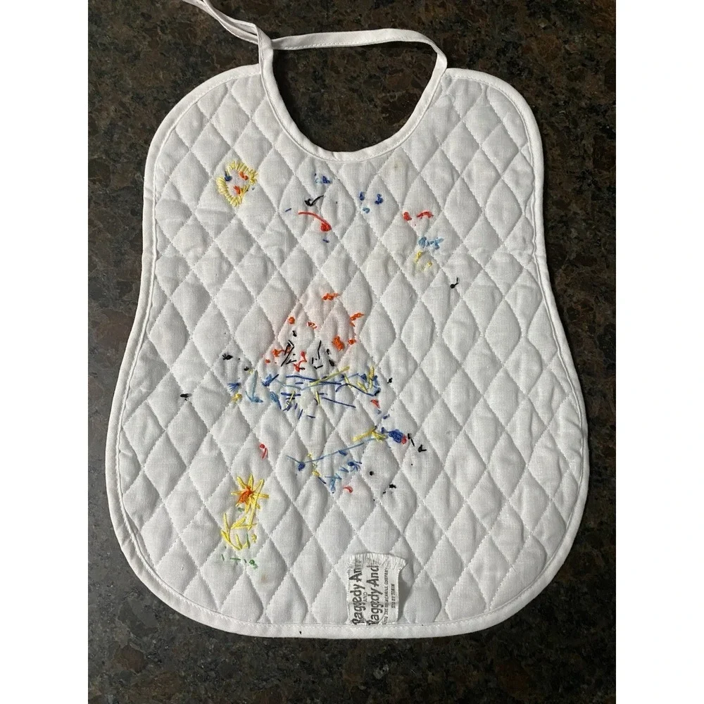 VINTAGE Hand Stitched RAGGEDY ANNE Baby Bib Quilted EMBROIDERED Cross Stitch